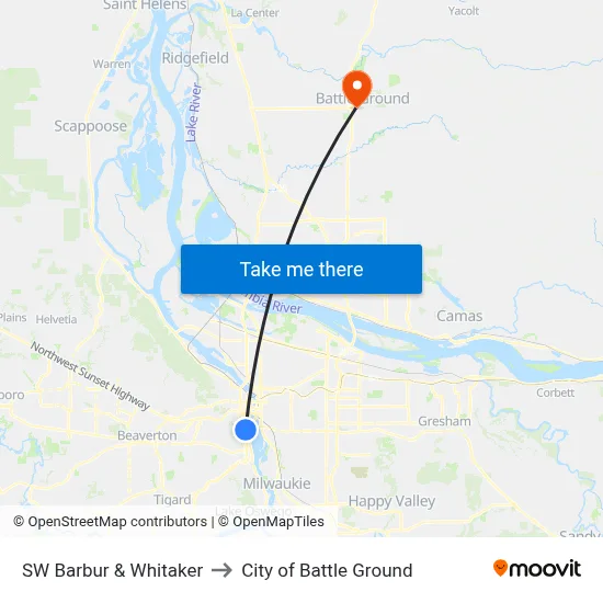 SW Barbur & Whitaker to City of Battle Ground map