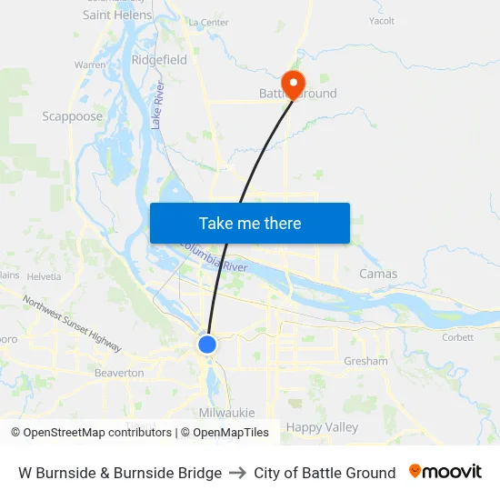 W Burnside & Burnside Bridge to City of Battle Ground map