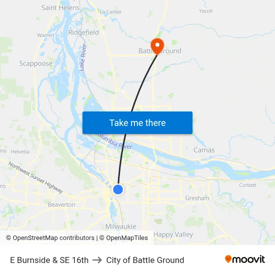 E Burnside & SE 16th to City of Battle Ground map
