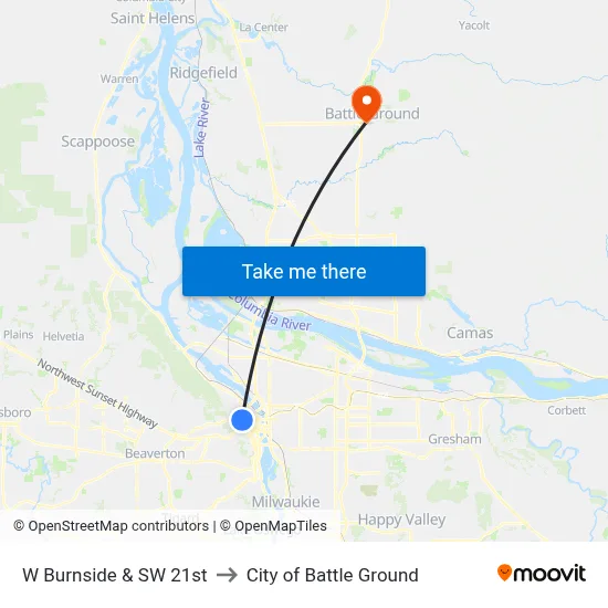 W Burnside & SW 21st to City of Battle Ground map