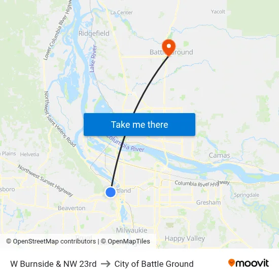 W Burnside & NW 23rd to City of Battle Ground map