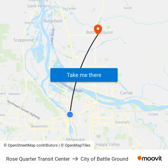 Rose Quarter Transit Center to City of Battle Ground map