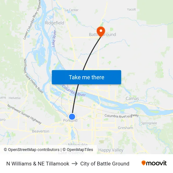 N Williams & NE Tillamook to City of Battle Ground map