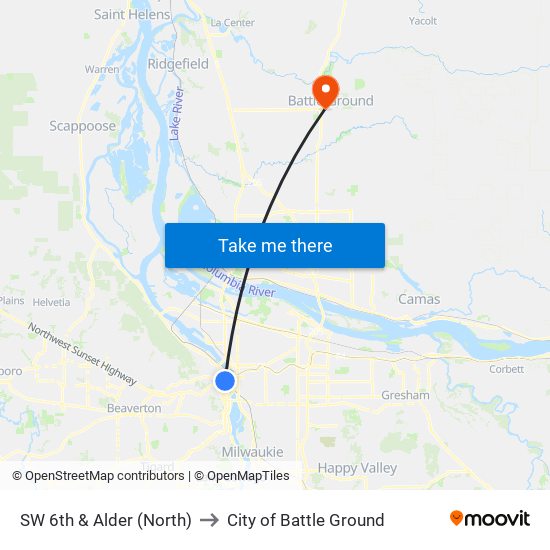 SW 6th & Alder (North) to City of Battle Ground map