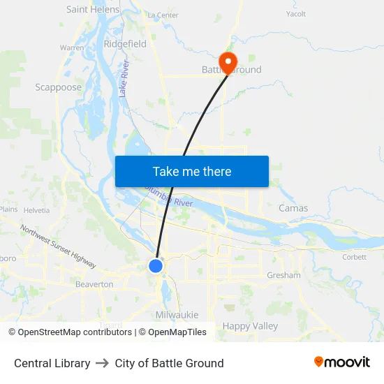 Central Library to City of Battle Ground map