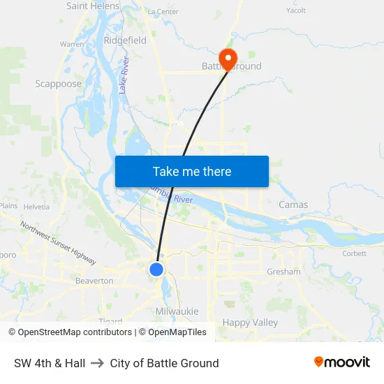 SW 4th & Hall to City of Battle Ground map