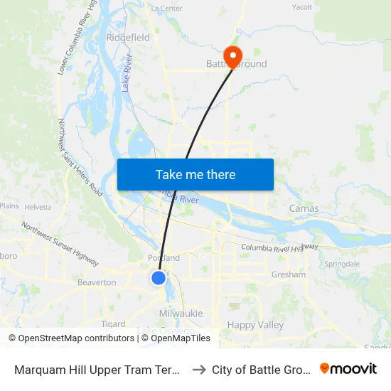 Marquam Hill Upper Tram Terminal to City of Battle Ground map