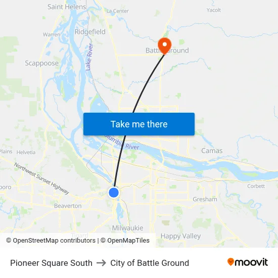 Pioneer Square South to City of Battle Ground map