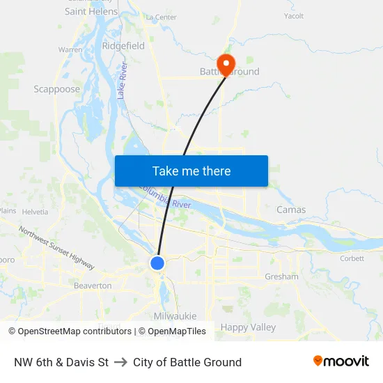 NW 6th & Davis St to City of Battle Ground map