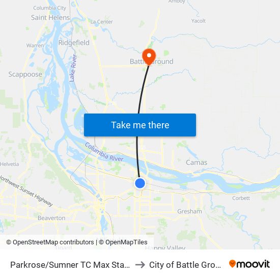 Parkrose/Sumner TC Max Station to City of Battle Ground map