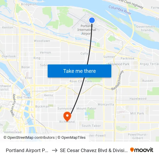 Portland Airport PDX to SE Cesar Chavez Blvd & Division map
