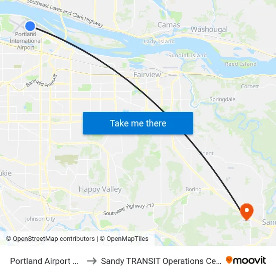 Portland Airport PDX to Sandy TRANSIT Operations Center map