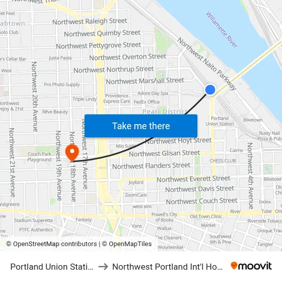 Portland Union Station to Northwest Portland Int'l Hostel map