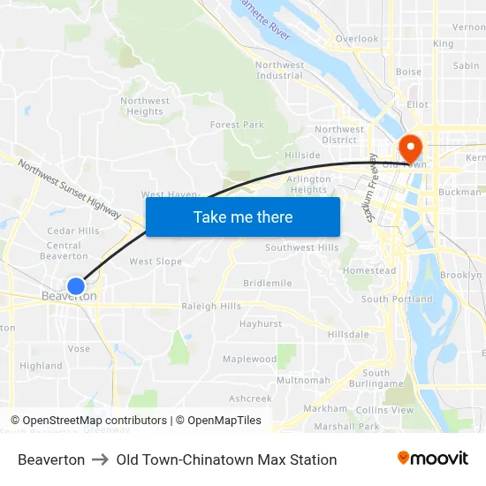 Beaverton to Old Town-Chinatown Max Station map