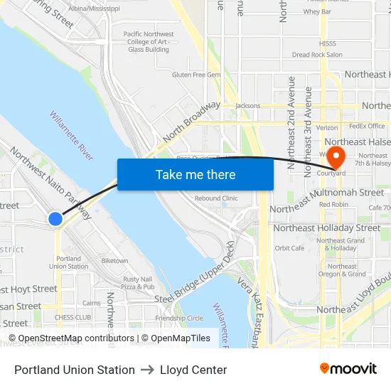 Portland Union Station to Lloyd Center map