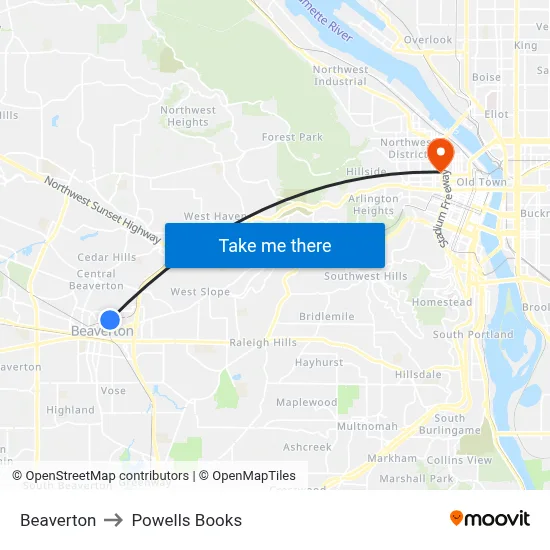 Beaverton to Powells Books map