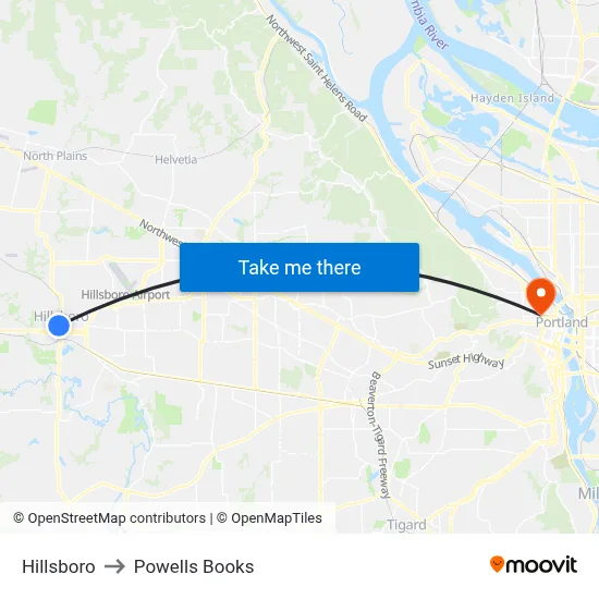 Hillsboro to Powells Books map