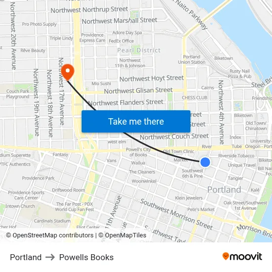 Portland to Powells Books map