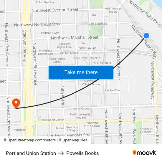 Portland Union Station to Powells Books map