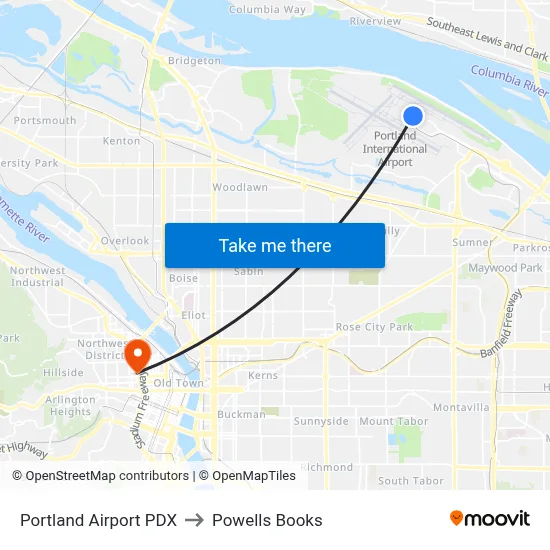 Portland Airport PDX to Powells Books map