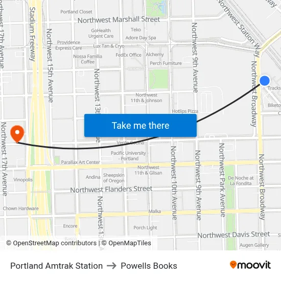 Portland Amtrak Station to Powells Books map