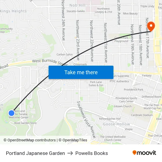 Portland Japanese Garden to Powells Books map