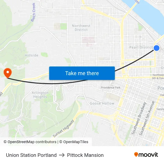 Union Station Portland to Pittock Mansion map