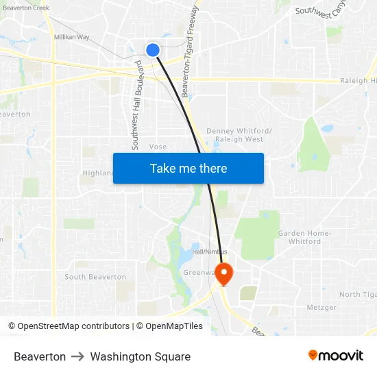 Beaverton to Washington Square map