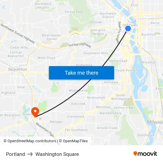Portland to Washington Square map