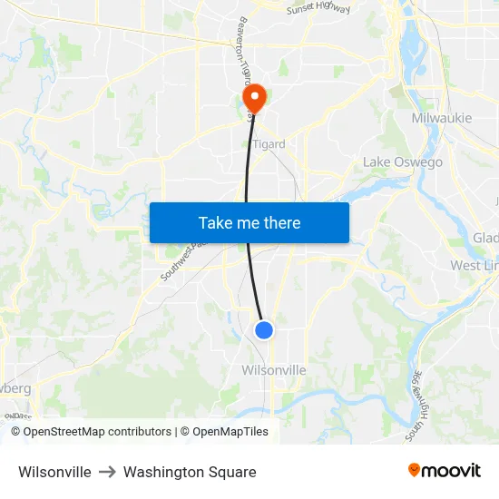 Wilsonville to Washington Square map