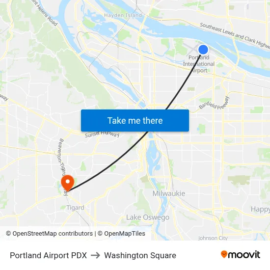 Portland Airport PDX to Washington Square map