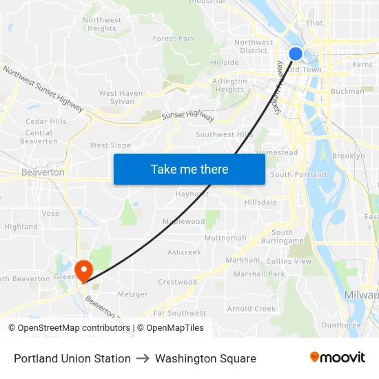 Portland Union Station to Washington Square map