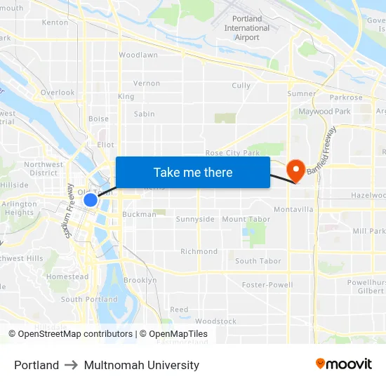 Portland to Multnomah University map