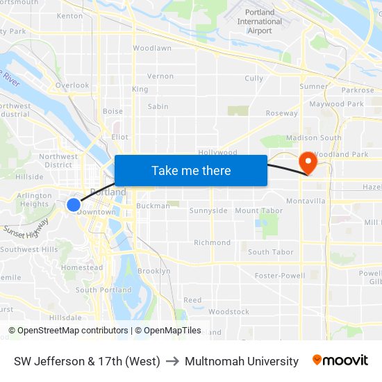 SW Jefferson & 17th (West) to Multnomah University map