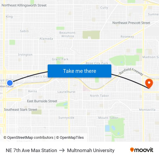NE 7th Ave Max Station to Multnomah University map