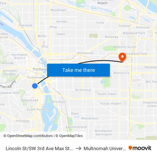 Lincoln St/SW 3rd Ave Max Station to Multnomah University map