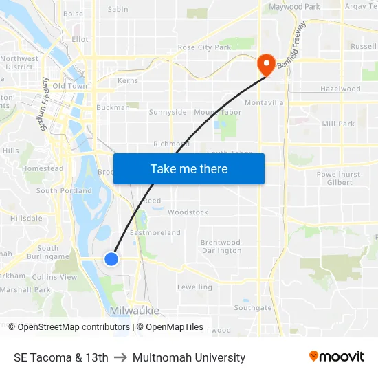 SE Tacoma & 13th to Multnomah University map