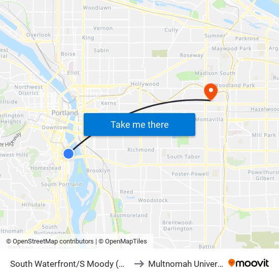 South Waterfront/S Moody (West) to Multnomah University map