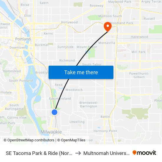 SE Tacoma Park & Ride (North) to Multnomah University map
