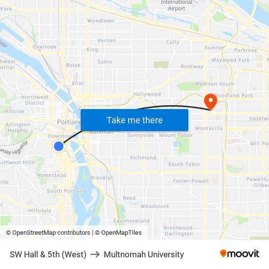 SW Hall & 5th (West) to Multnomah University map