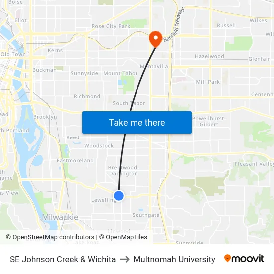 SE Johnson Creek & Wichita to Multnomah University map