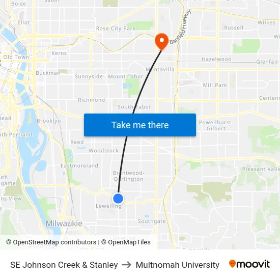SE Johnson Creek & Stanley to Multnomah University map