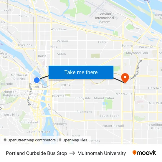 Portland Curbside Bus Stop to Multnomah University map