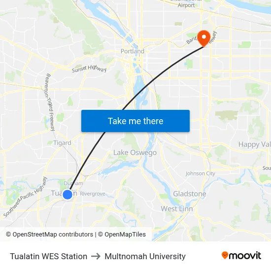 Tualatin WES Station to Multnomah University map