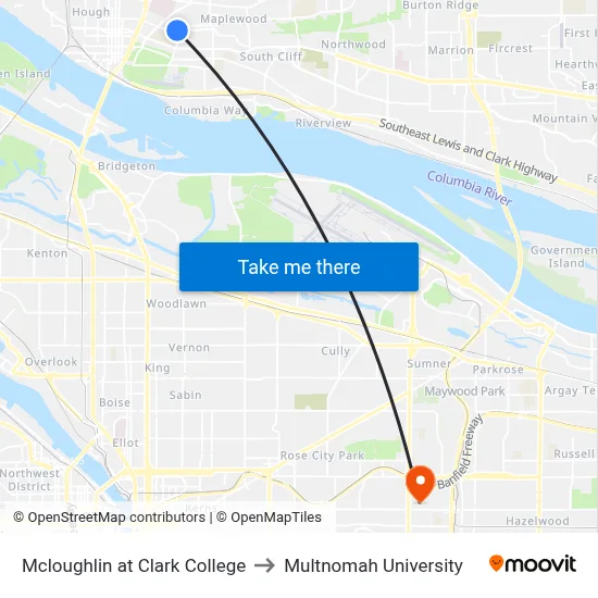 Mcloughlin at Clark College to Multnomah University map