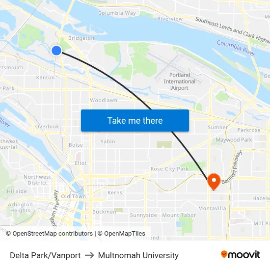 Delta Park/Vanport to Multnomah University map