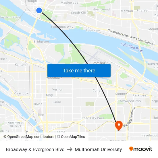 Broadway & Evergreen Blvd to Multnomah University map