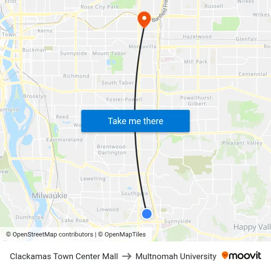 Clackamas Town Center Mall to Multnomah University map