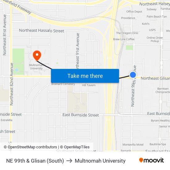 NE 99th & Glisan (South) to Multnomah University map