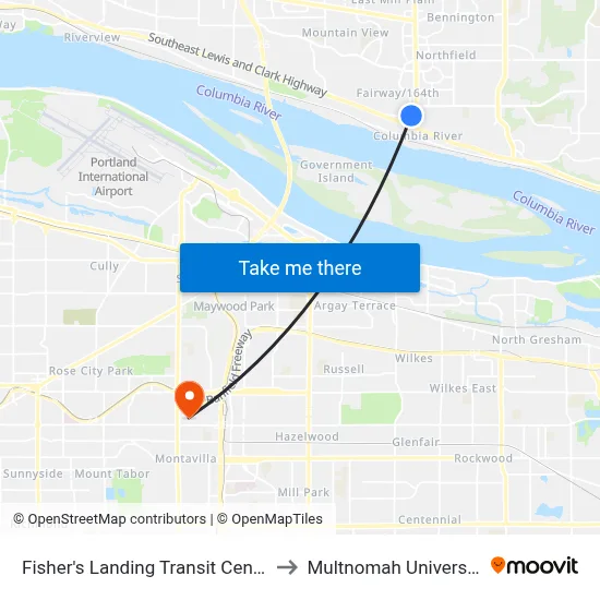 Fisher's Landing Transit Center to Multnomah University map